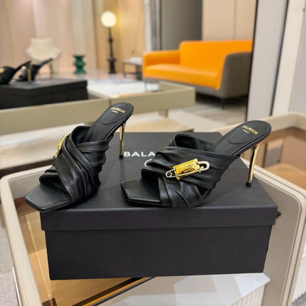 BALMAIN 25S HIGH HEEL SANDALS 95MM IN BLACK CALFSKIN