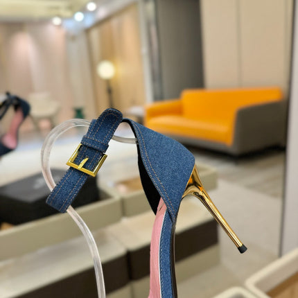 BALMAIN 25S HIGH HEELS 95MM IN BLUE DENIM