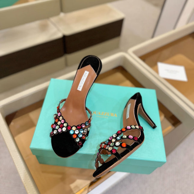 AQUAZZURA 26S TEQUILA HEELED SANDALS 85 MM IN BLACK SUEDE WITH MULTICOLOR CRYSTAL