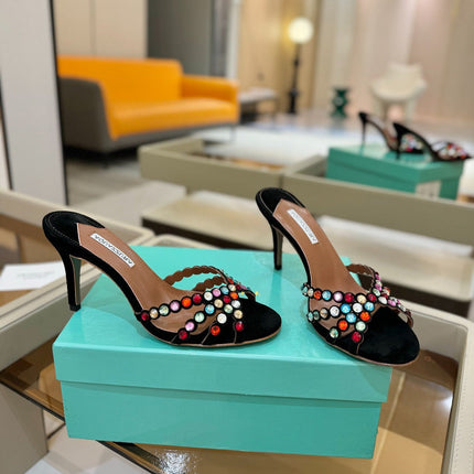 AQUAZZURA 26S TEQUILA HEELED SANDALS 85 MM IN BLACK SUEDE WITH MULTICOLOR CRYSTAL