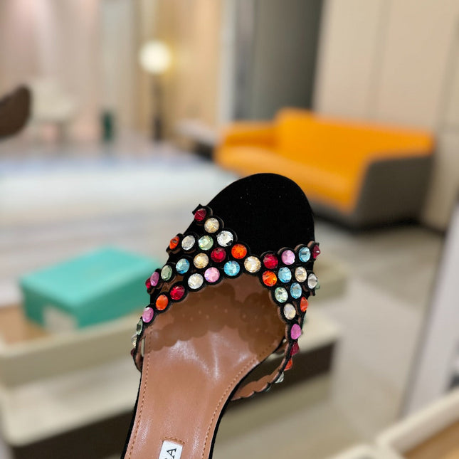 AQUAZZURA 26S TEQUILA HEELED SANDALS 85 MM IN BLACK SUEDE WITH MULTICOLOR CRYSTAL