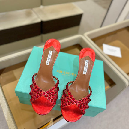AQUAZZURA 26S TEQUILA HEELED SANDALS 85 MM IN RED LAMBSKIN