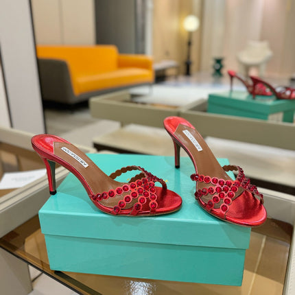 AQUAZZURA 26S TEQUILA HEELED SANDALS 85 MM IN RED LAMBSKIN