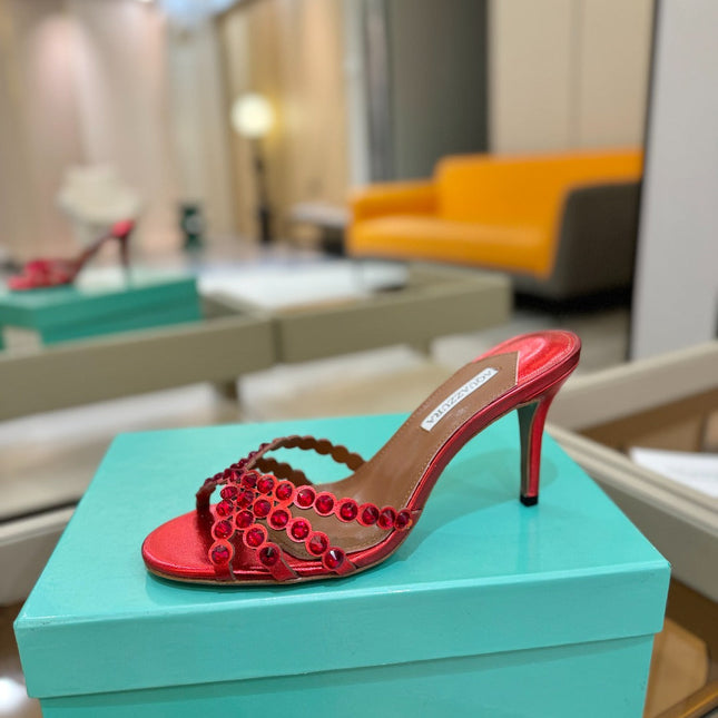 AQUAZZURA 26S TEQUILA HEELED SANDALS 85 MM IN RED LAMBSKIN