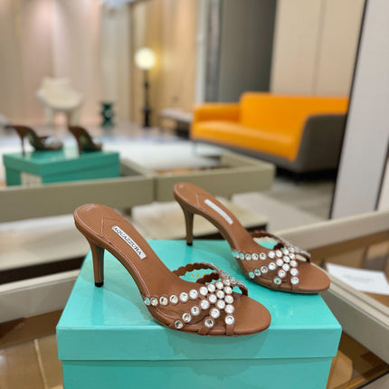 AQUAZZURA 26S TEQUILA HEELED SANDALS 85 MM IN BROWN LAMBSKIN CRYSTAL EMBELLISHED