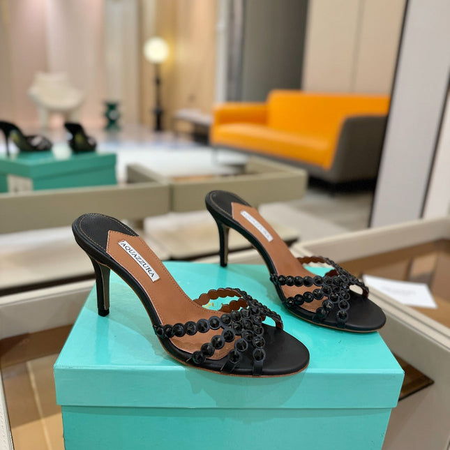 AQUAZZURA 26S TEQUILA HEELED SANDALS 85 MM IN BLACK LAMBSKIN