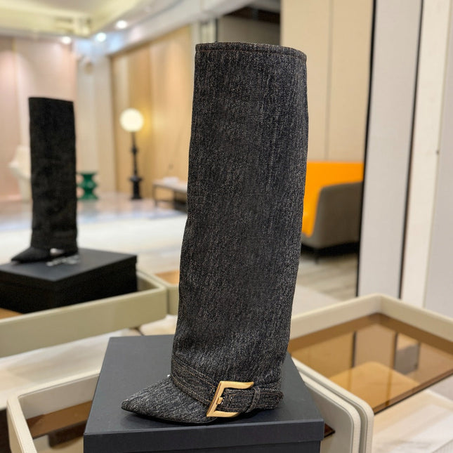 BALMAIN 26S KNEE-HIGH BOOTS 100 MM IN DARK GREY FABRIC