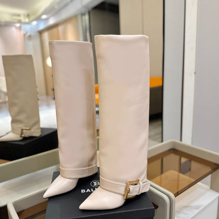 BALMAIN 26S KNEE-HIGH BOOTS 100 MM IN LIGHT BEIGE CALFSKIN