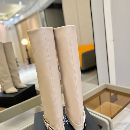 BALMAIN 26S KNEE-HIGH BOOTS 100 MM IN LIGHT BEIGE CALFSKIN