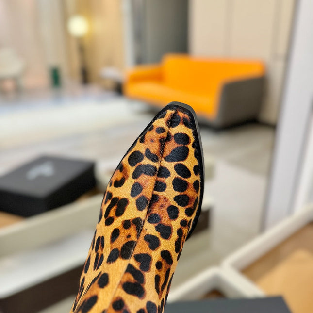 BALMAIN 26S COWBOY ANKLE BOOTS 65 MM IN LEOPARD PRINT PONY HAIR
