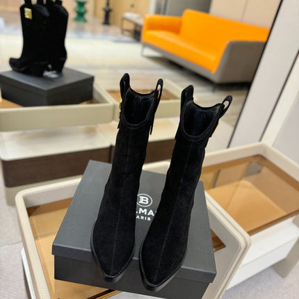 BALMAIN 26S COWBOY ANKLE BOOTS 65 MM IN BLACK SUEDE