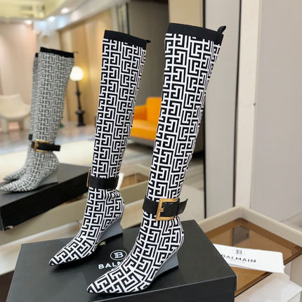 BALMAIN 26S HIGH-TOP BOOTS 75 MM IN BLACK AND WHITE FLYKNIT