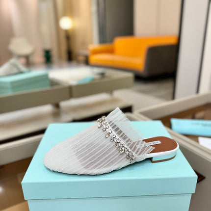 AQUAZZURA 26S FLAT MULES IN WHITE MESH CRYSTAL EMBELLISHMENTS