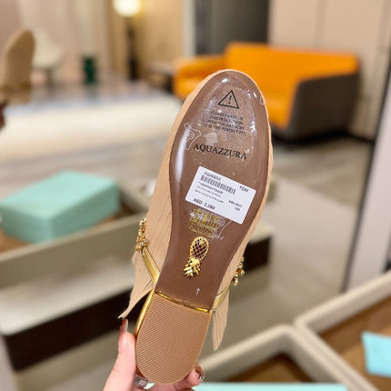 AQUAZZURA 26S FLAT MULES IN BEIGE MESH CRYSTAL EMBELLISHMENTS
