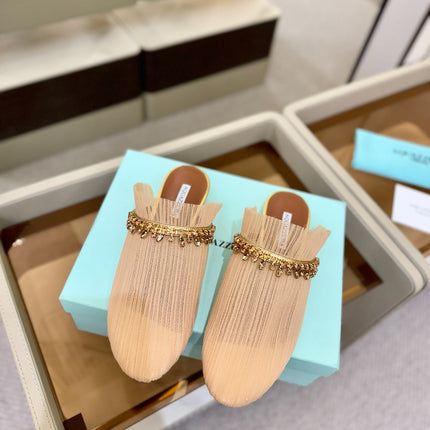 AQUAZZURA 26S FLAT MULES IN BEIGE MESH CRYSTAL EMBELLISHMENTS