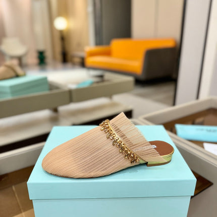 AQUAZZURA 26S FLAT MULES IN BEIGE MESH CRYSTAL EMBELLISHMENTS