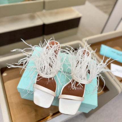 AQUAZZURA 26S FEATHER HEELED SANDALS 95 MM IN WHITE SATIN