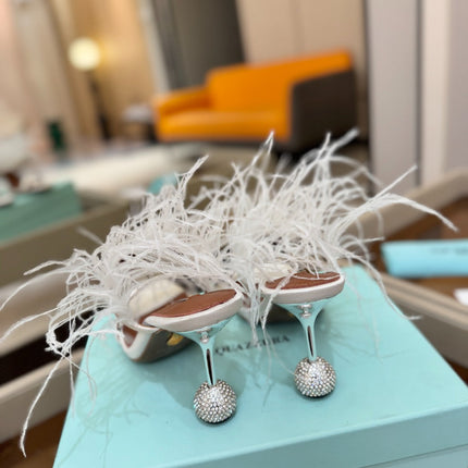 AQUAZZURA 26S FEATHER HEELED SANDALS 95 MM IN WHITE SATIN