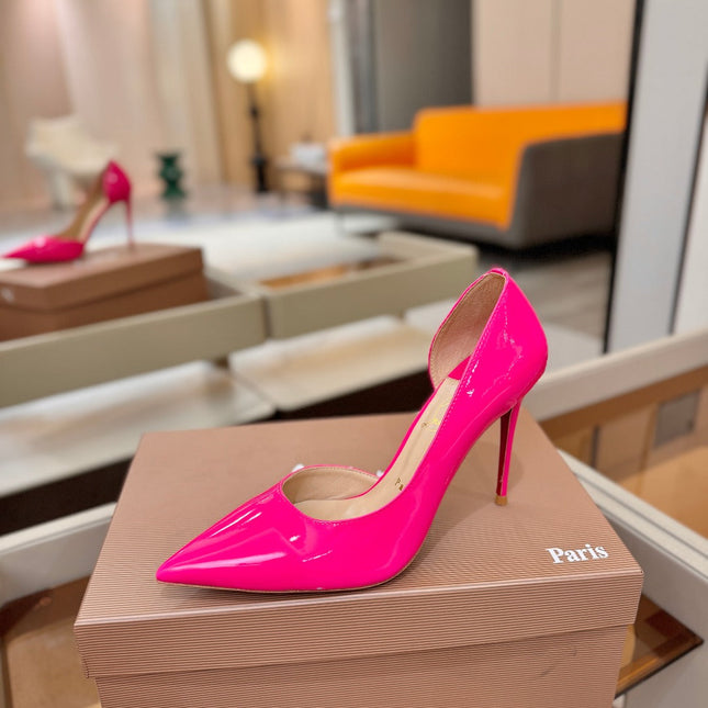 CHRISTIAN LOUBOUTIN 26S CUTOUT SIDE PUMP HEELS 105 MM IN DARK PINK PATENT CALFSKIN