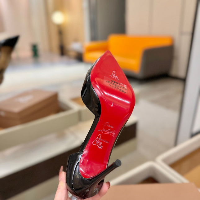 CHRISTIAN LOUBOUTIN 26S CUTOUT SIDE PUMP HEELS 105 MM IN BLACK PATENT CALFSKIN