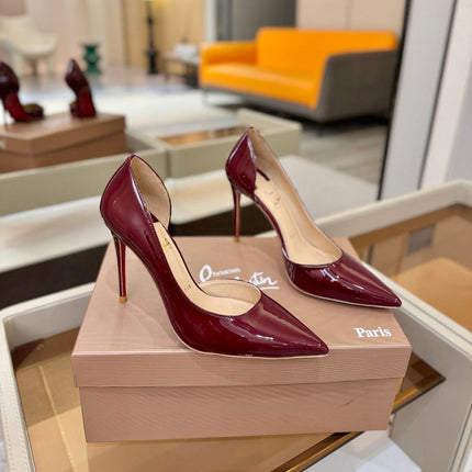 CHRISTIAN LOUBOUTIN 26S CUTOUT SIDE PUMP HEELS 105 MM IN DARK RED PATENT CALFSKIN