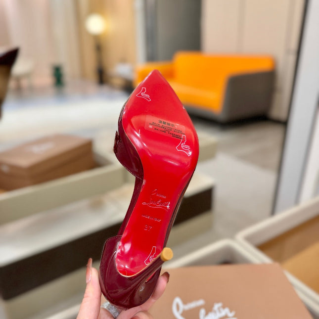 CHRISTIAN LOUBOUTIN 26S CUTOUT SIDE PUMP HEELS 105 MM IN DARK RED PATENT CALFSKIN