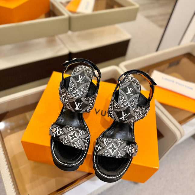 LV 26S HIGH HEEL SANDALS 100 MM IN WHITE MIX BLACK CALFSKIN WITH FLORAL PATTERNS