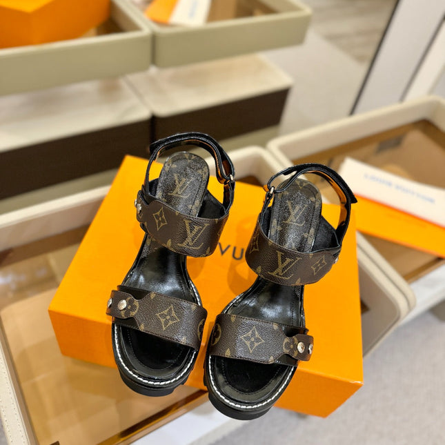 LV 26S HIGH HEEL SANDALS 100 MM IN DARK BROWN AND BLACK CALFSKIN