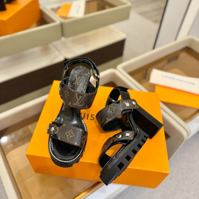 LV 26S HIGH HEEL SANDALS 100 MM IN DARK BROWN AND BLACK CALFSKIN