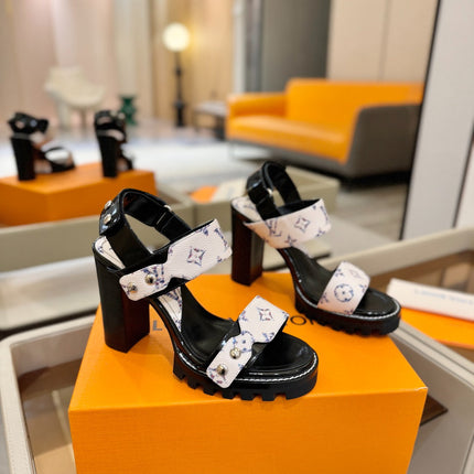 LV 26S HIGH HEEL SANDALS 100 MM IN CREAM WHITE AND BLACK CALFSKIN