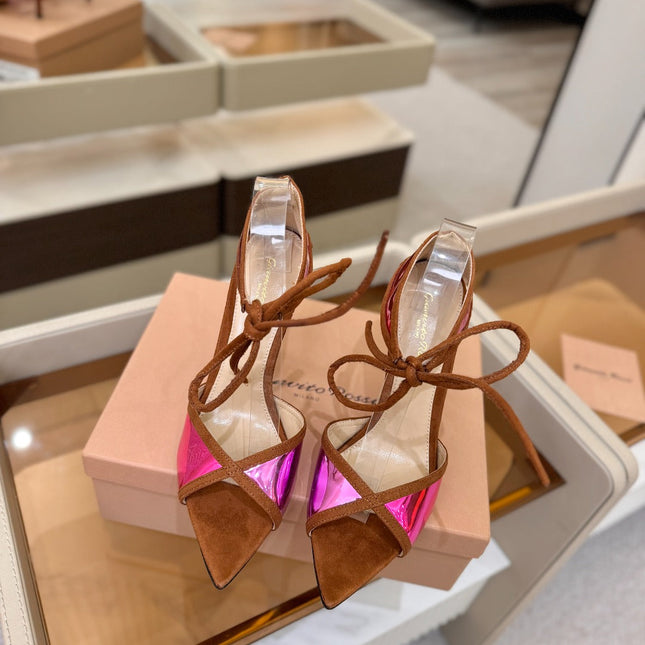 GIANVITO ROSSI 26S HEELS 105 MM IN BROWN SUEDE AND METALLIC PINK CALFSKIN