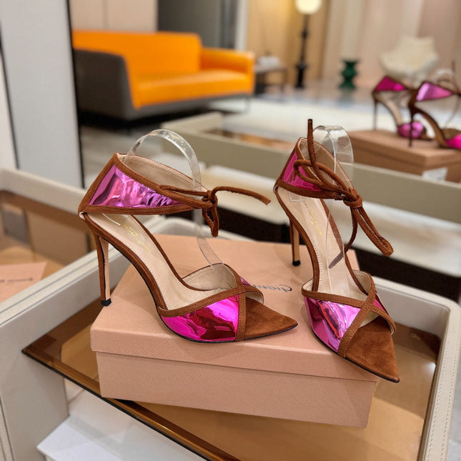 GIANVITO ROSSI 26S HEELS 105 MM IN BROWN SUEDE AND METALLIC PINK CALFSKIN