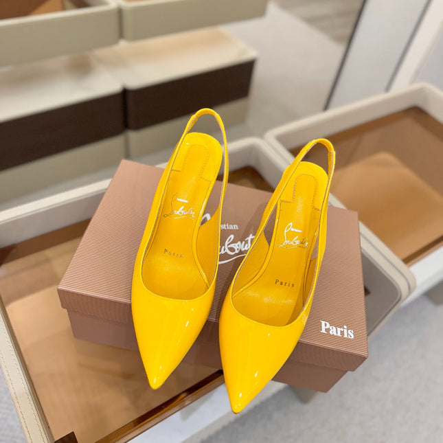 CHRISTIAN LOUBOUTIN 26S SLINGBACK HEELS 105 MM IN DARK YELLOW PATENT CALFSKIN