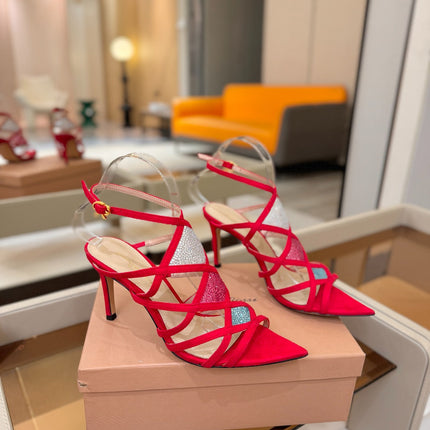 GIANVITO ROSSI 26S CROSS STRAP HEELS 85 MM IN RED SUEDE