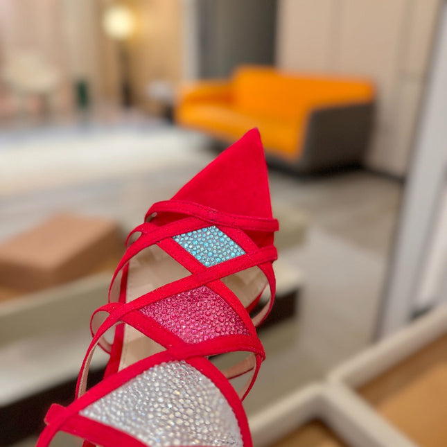 GIANVITO ROSSI 26S CROSS STRAP HEELS 85 MM IN RED SUEDE