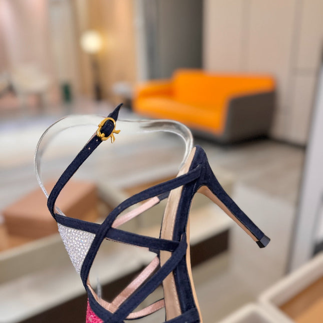 GIANVITO ROSSI 26S CROSS STRAP HEELS 85 MM IN NAVY BLUE SUEDE