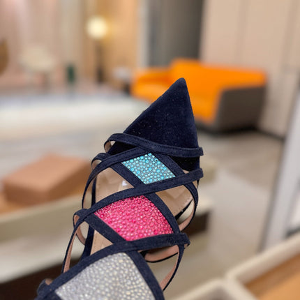 GIANVITO ROSSI 26S CROSS STRAP HEELS 85 MM IN NAVY BLUE SUEDE