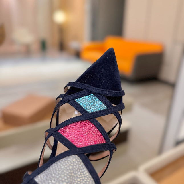 GIANVITO ROSSI 26S CROSS STRAP HEELS 85 MM IN NAVY BLUE SUEDE