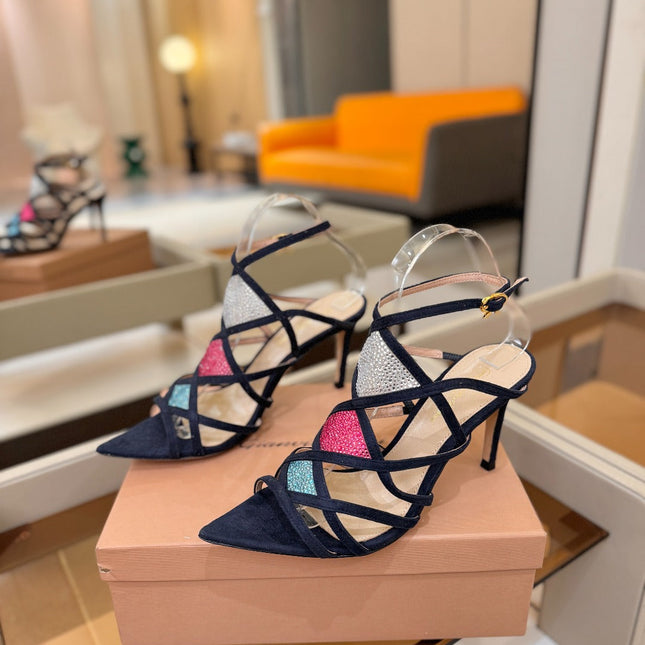 GIANVITO ROSSI 26S CROSS STRAP HEELS 85 MM IN NAVY BLUE SUEDE