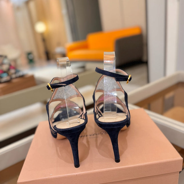 GIANVITO ROSSI 26S CROSS STRAP HEELS 85 MM IN NAVY BLUE SUEDE