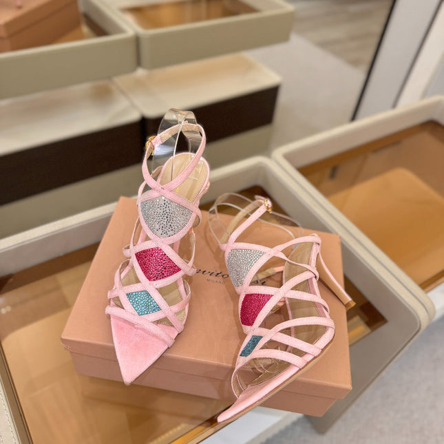 GIANVITO ROSSI 26S CROSS STRAP HEELS 85 MM IN PINK SUEDE