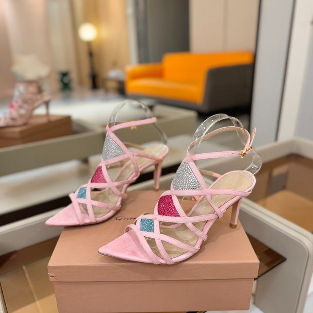 GIANVITO ROSSI 26S CROSS STRAP HEELS 85 MM IN PINK SUEDE