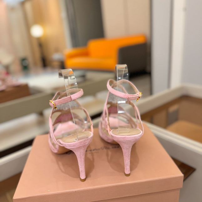 GIANVITO ROSSI 26S CROSS STRAP HEELS 85 MM IN PINK SUEDE