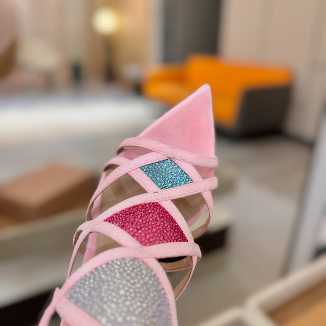 GIANVITO ROSSI 26S CROSS STRAP HEELS 85 MM IN PINK SUEDE