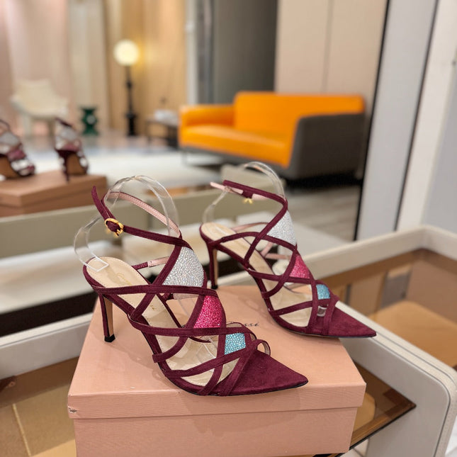 GIANVITO ROSSI 26S CROSS STRAP HEELS 85 MM IN DARK RED SUEDE