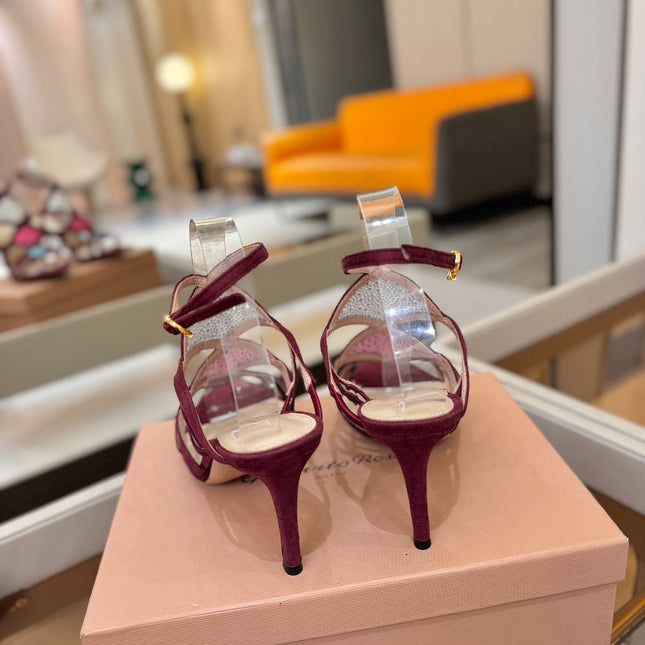 GIANVITO ROSSI 26S CROSS STRAP HEELS 85 MM IN DARK RED SUEDE