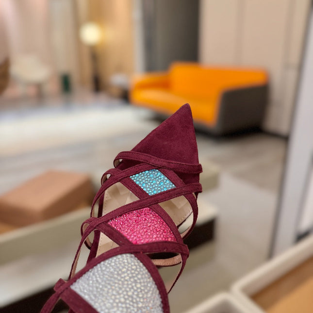 GIANVITO ROSSI 26S CROSS STRAP HEELS 85 MM IN DARK RED SUEDE
