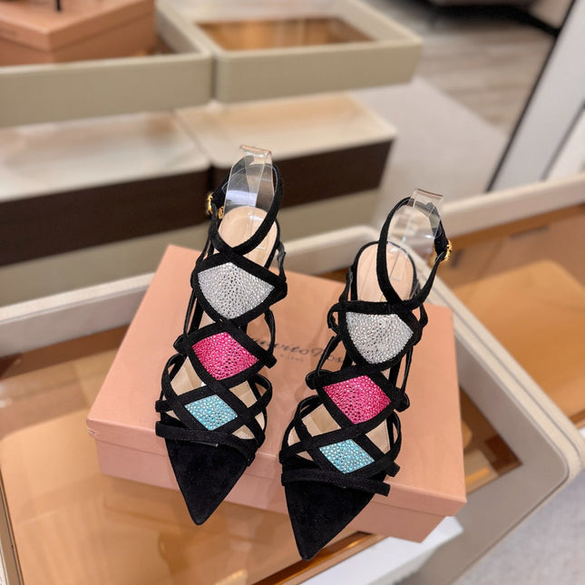 GIANVITO ROSSI 26S CROSS STRAP HEELS 85 MM IN BLACK SUEDE