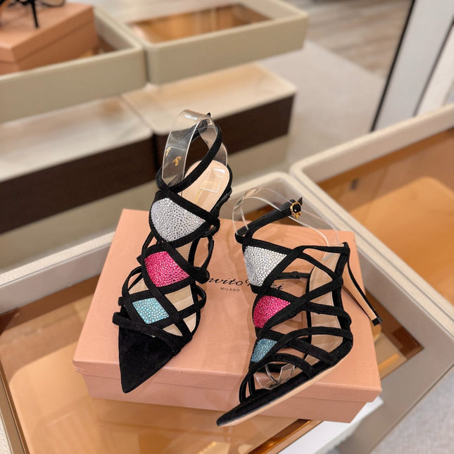 GIANVITO ROSSI 26S CROSS STRAP HEELS 85 MM IN BLACK SUEDE