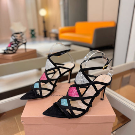 GIANVITO ROSSI 26S CROSS STRAP HEELS 85 MM IN BLACK SUEDE